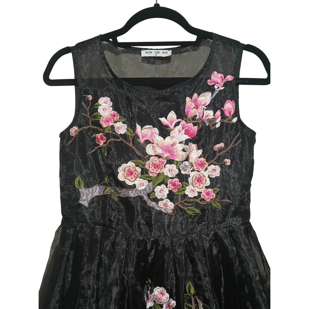 With The Win Black Organza Cherry Blossom Floral Embroidered Mini Dress Small - Picture 5 of 15